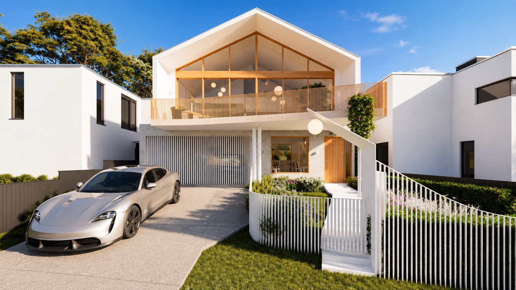 Contemporary gable-roofed home with timber-lined entry