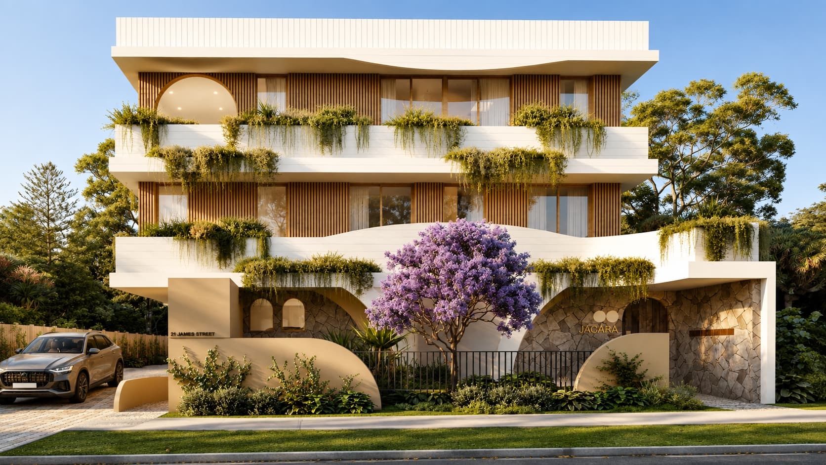 Multi-storey residential facade with timber screening and landscaped balconies
