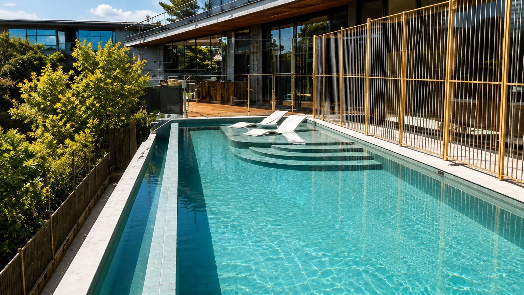 Sunken lounge seating in a resort-style residential pool